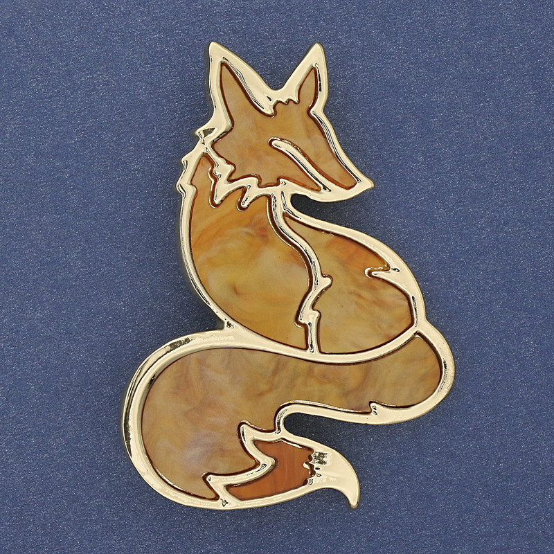 Brooch Pendant Fox, golden, pearlescent, golden metal 56x38mm+