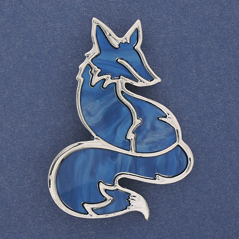 Brooch Pendant Fox Blue Pearlized Silver Metal 56x38mm+
