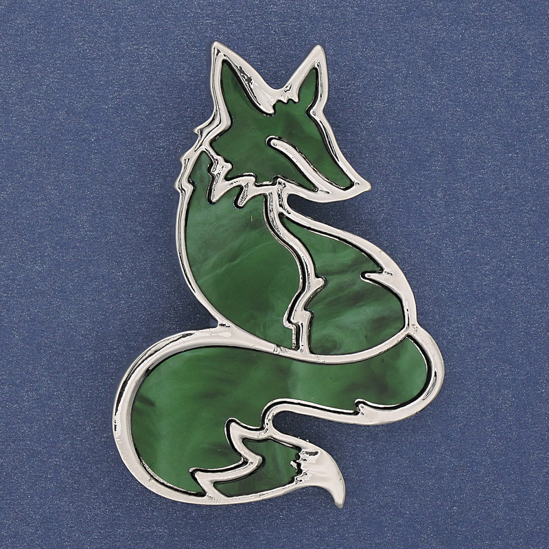 Brooch Pendant Fox Green Pearlized Silver Metal 56x38mm+