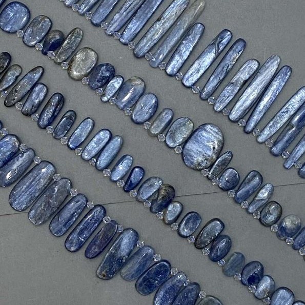Kyanite teardrop butterfly beads assortment sizes, diameter 14-50×7-22mm±, 5mm+/- seed beads, thread length 39m±
