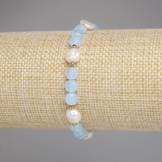 Bracelet Aquamarine Faceted Coin 6mm+-River Pearls 7-8×7-7.5mm+- Hematite Beads 2mm+-, length 18cm stretch