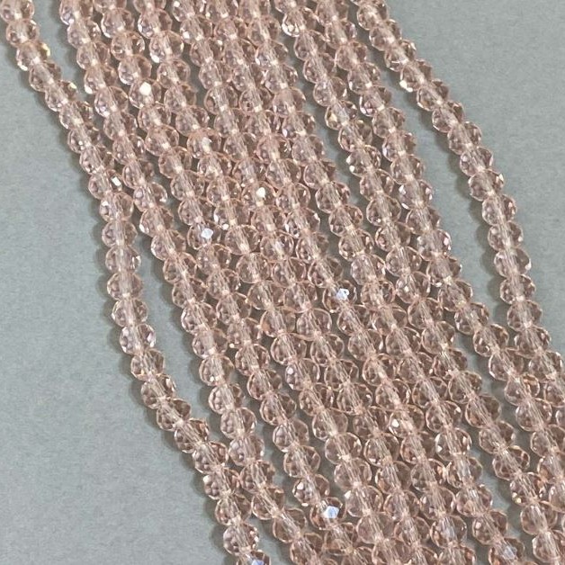 Beads Czech Crystal Pink Transparent on Threaded String, faceted rondelle, diameter 6x5mm +-, length 42cm +