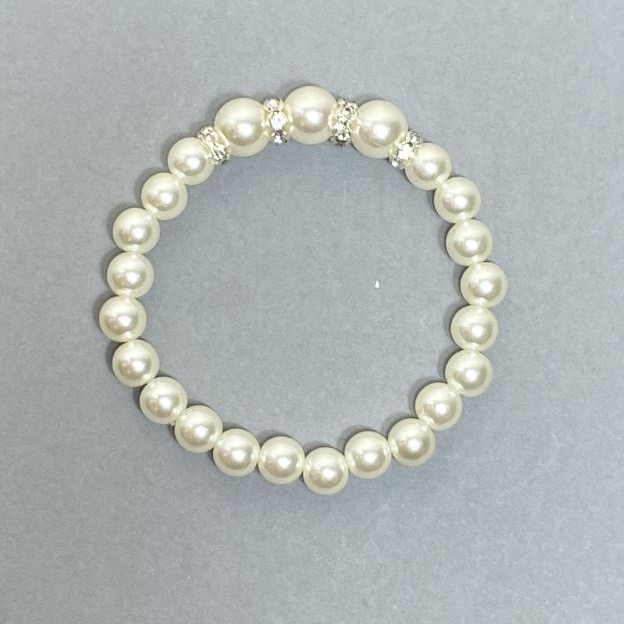 Bracelet, White Majorca Pearl, acrylic beads, diameter 8mm±10mm + crystal insets, length 18cm stretch
