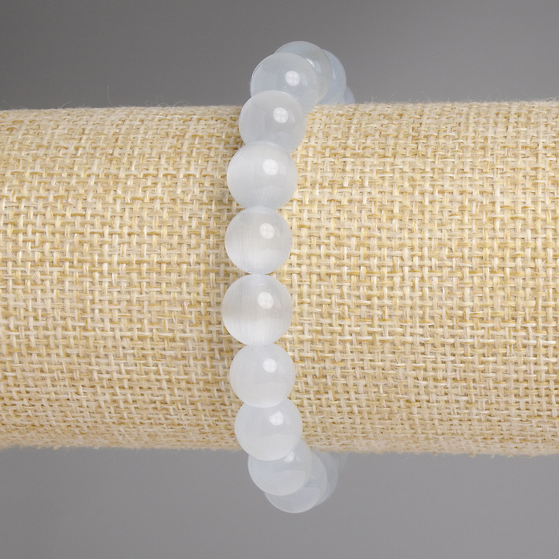 Bracelet with Gray Cat's Eye, smooth beads, diameter 9.5 mm ±, length 18 cm ± stretch
