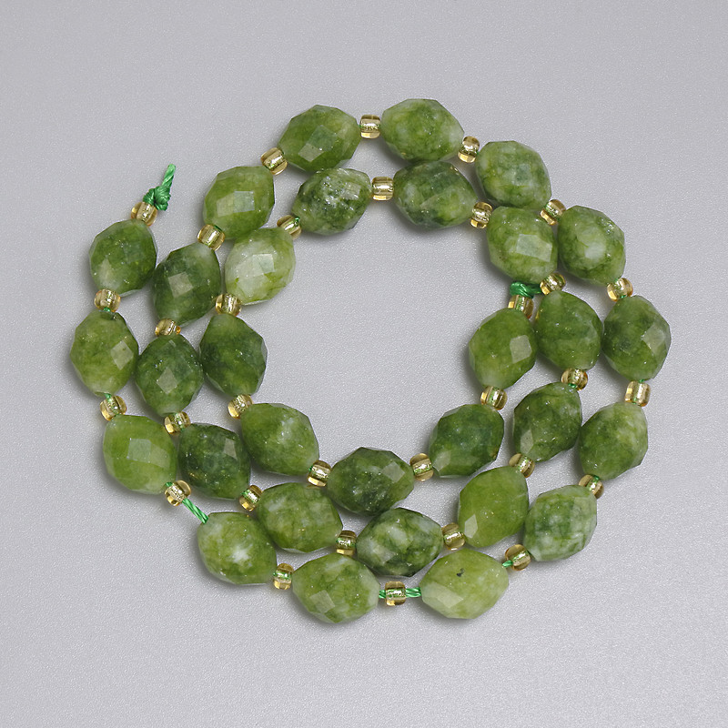 Jadeite Beads Faceted Nugget 10x8mm+- Seed Beads 3mm+-, Length 38cm+- on Thread