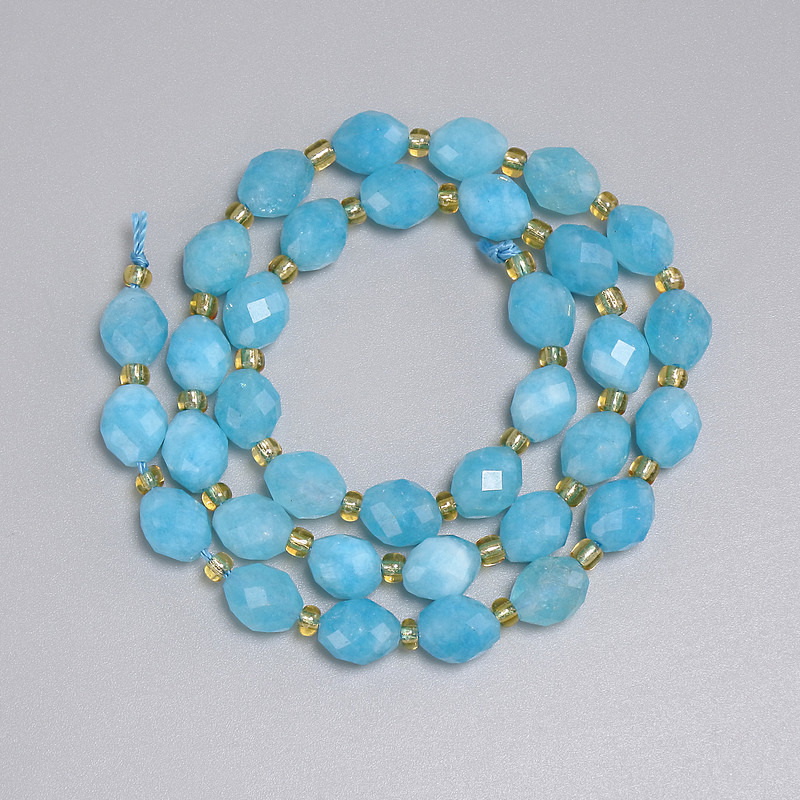 Aquamarine Beads Faceted Grain 8x6 mm, 5mm+- Seed Beads 3mm+-, Length 36cm+- on Thread