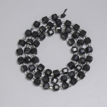 Beads Black Tourmaline Faceted Cube 5×5mm±, Seed Bead 3mm±, on Thread 38cm±