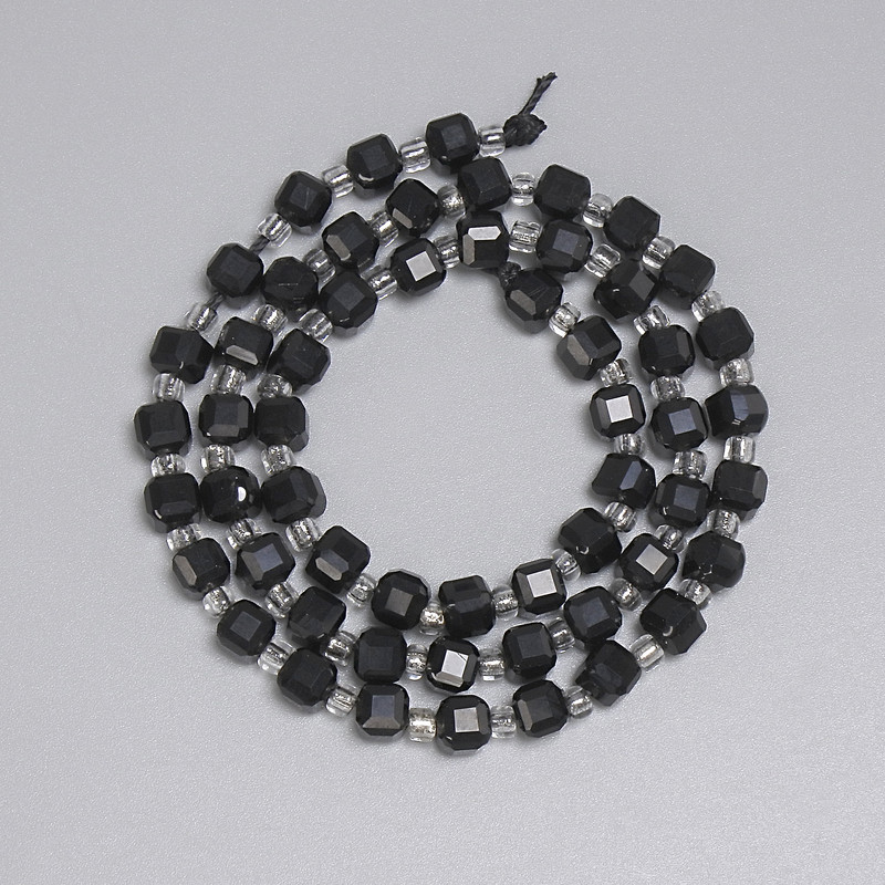 Beads Black Tourmaline Faceted Cube 5×5mm±, Seed Bead 3mm±, on Thread 38cm±