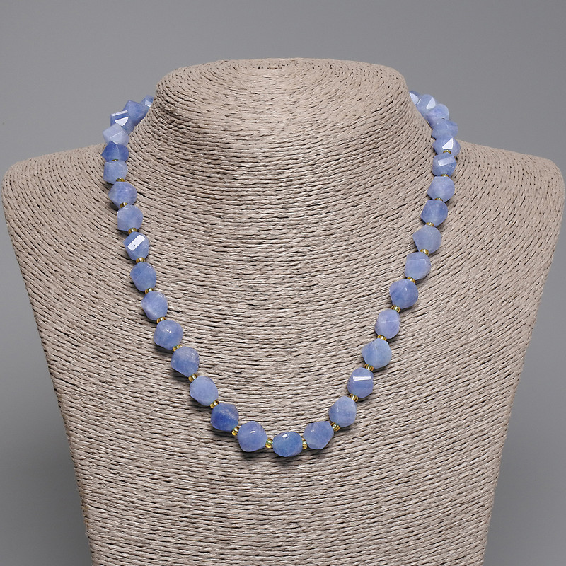 Aquamarine Beads Necklace, Faceted Diamond-shaped, diameter 9x8mm±, seed beads 3m+, length 45cm± with clasp