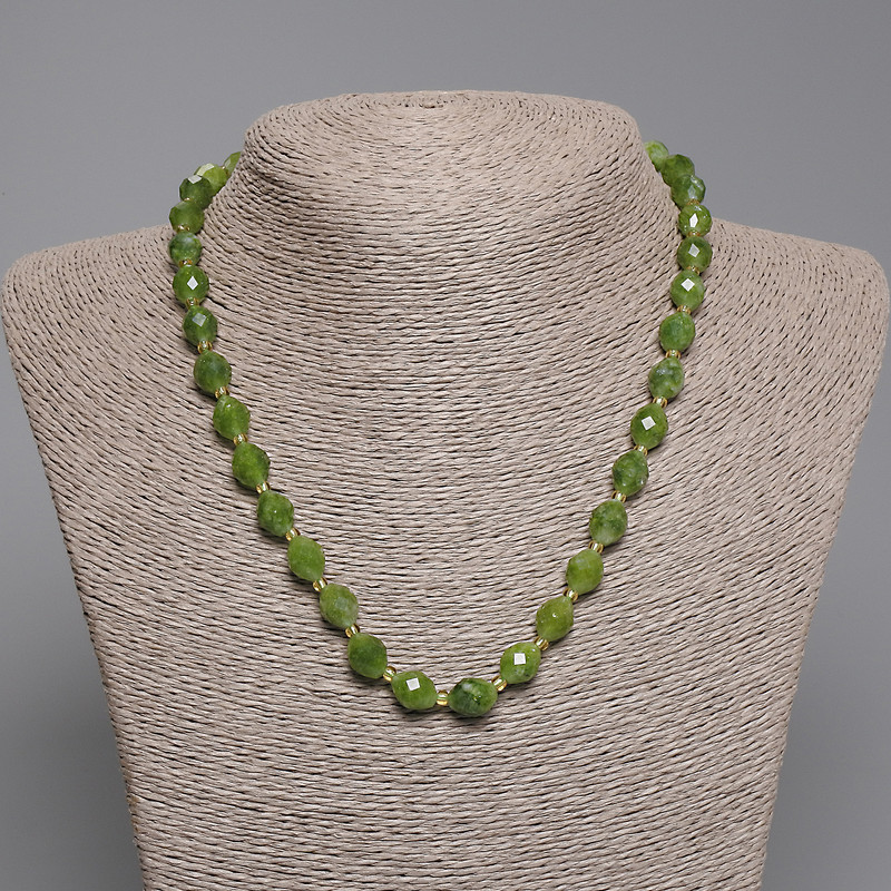 Necklace of Faceted Jadeite Granules, 10x8mm ± beads, 3mm+seed beads, length 45cm ± with clasp