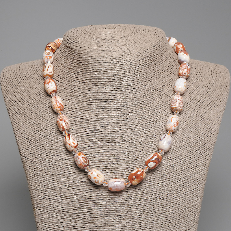 Pendant Beads Desert Jasper Barrels, diameter 14x10mm±, seed beads 5mm±, length 45cm± with clasp
