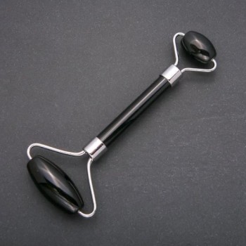 Black Agate Stone Massager, dual-sided, 14.5 cm, silver metal frame