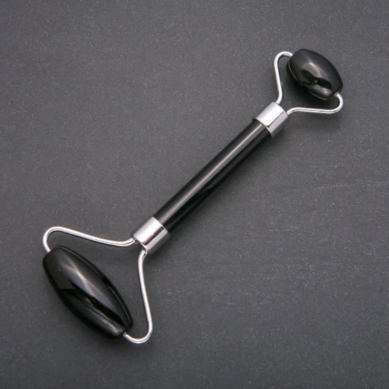 Black Agate Stone Massager, dual-sided, 14.5 cm, silver metal frame