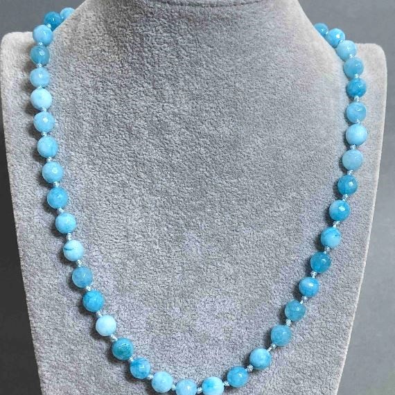 Aquamarine Necklace Granulated Bead, diameter 7.5 mm ±, length 50 cm ± with clasp
