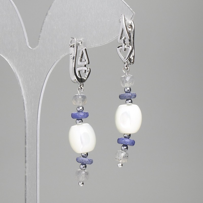 Earrings with Pearl Shell Baril 10x9, 5mm+-, Sodalite Rondelle 6x2mm+-, Labradorite Cube 4mm+-, length 52mm+-