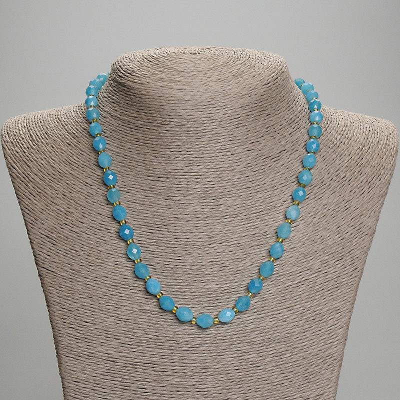 Aquamarine Beads Necklace with Faceted Barrel Beads 8×6 mm ±, 3 mm Seed Beads ±, Length 45 mm ± with Clasp