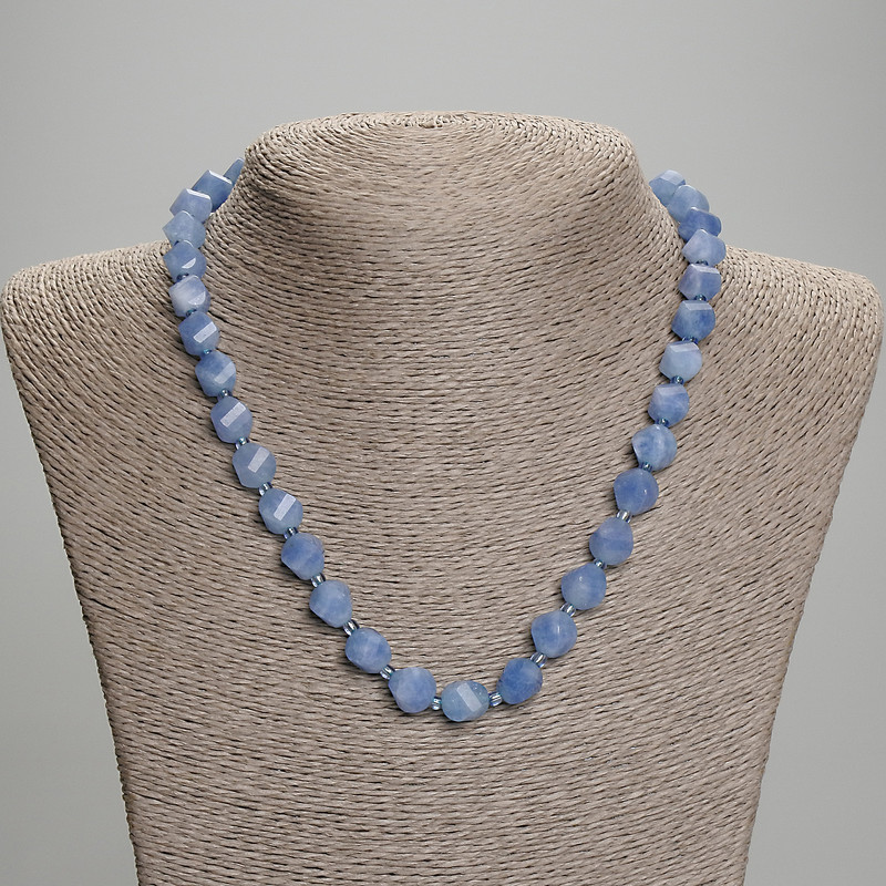 Aquamarine Beaded Necklace with Faceted Diamond-Shaped Beads, diameter 10x8, 5mm+- seed beads 3mm+-, length 45mm+- with clasp