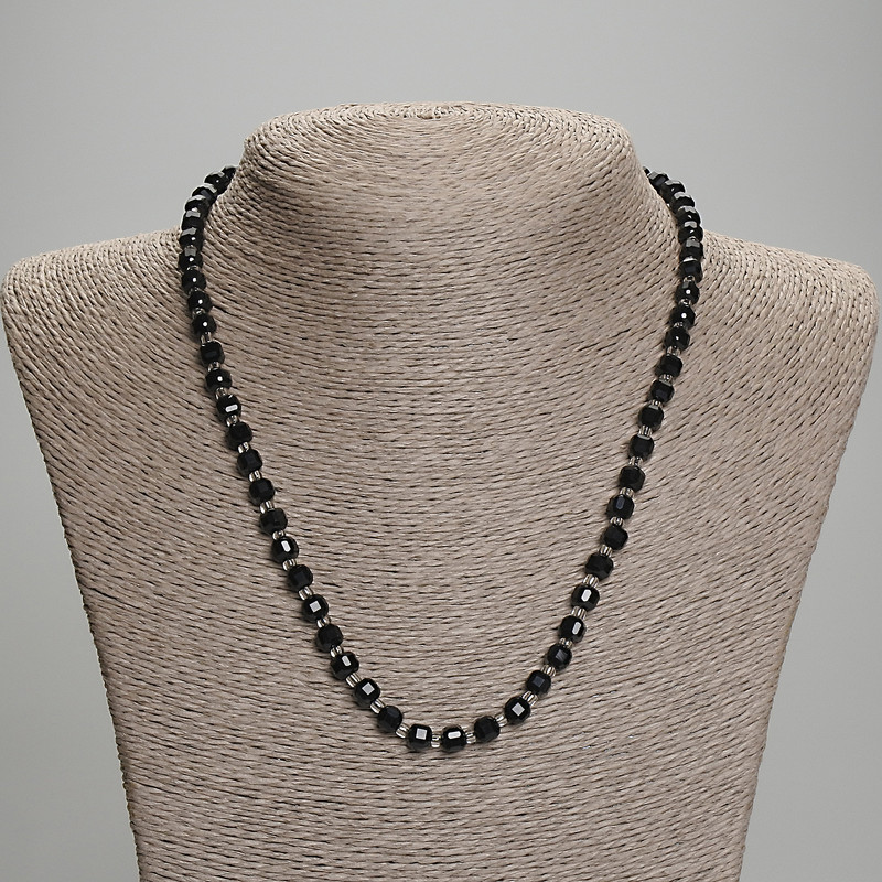 Necklace of Black Tourmaline, faceted cube, 5x5mm±, beads 3mm±, length 45mm±, with clasp