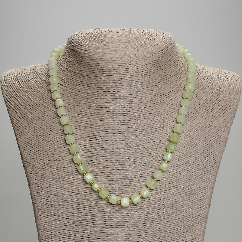 Chrysoprase Olivine Beaded Cube Necklace, 6.5x6.5 mm cube faceted beads, 45 cm length with clasp