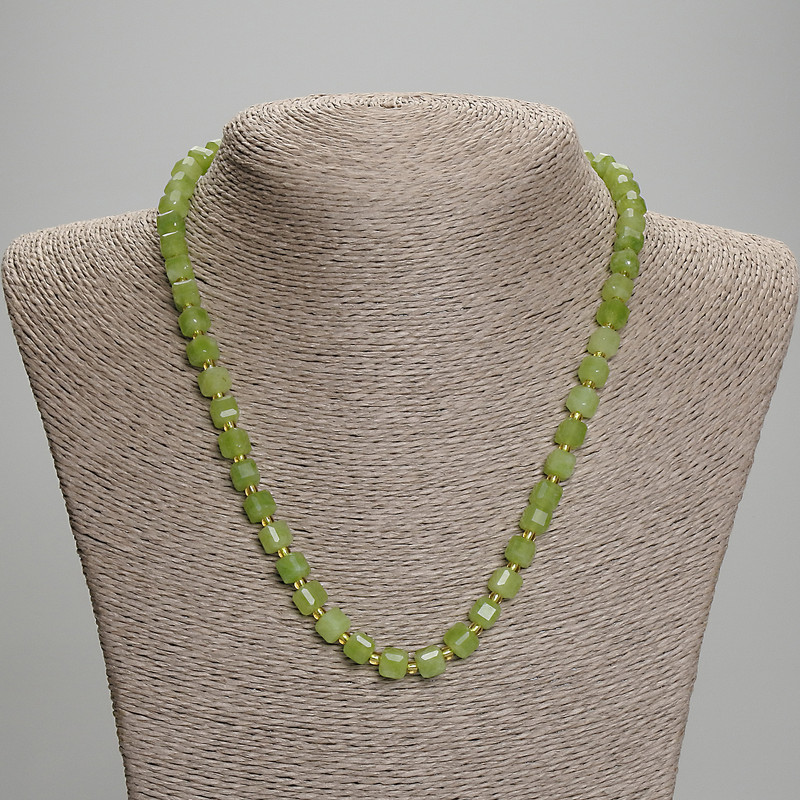 Chrysoprase Necklace with Olivine, Faceted Cubes, 6x6mm± Beads 3mm±, 45cm± Length with Clasp