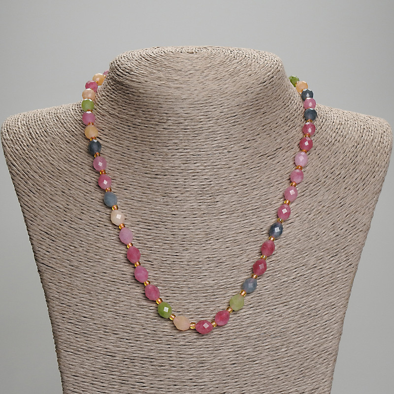 Necklace with faceted tourmaline beads, grain shape, 8x6.5 mm, 5 mm+- beads, length 45 cm+- with clasp