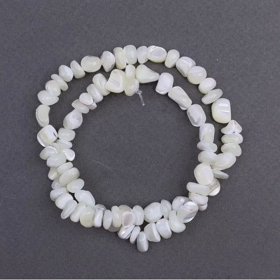 Mother-of-P Pearl Tumbled Beads, 8x6 mm diameter, 41 mm length on thread