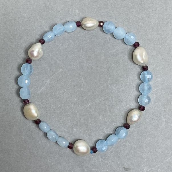 Bracelet Aquamarine Faceted Coin Beads, 6mm± Diameter + Freshwater Pearls 8-8.5×8mm±, Length 18cm± Stretch