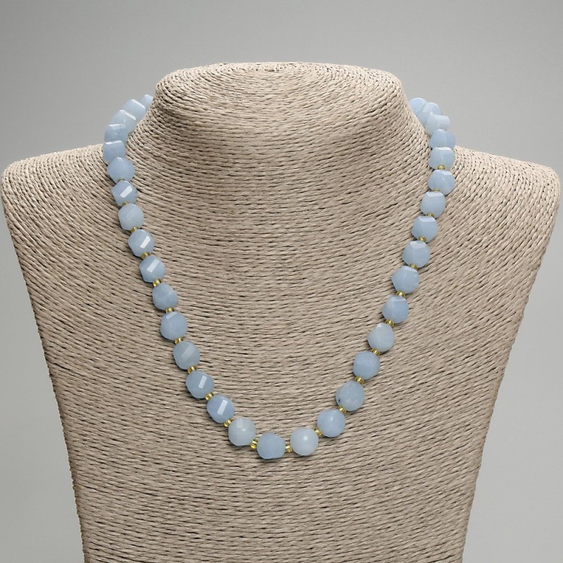 Aquamarine Beaded Diamond-Shape Necklace, 10x9mm+- Beads 3mm+-, 45cm+- with Clasps