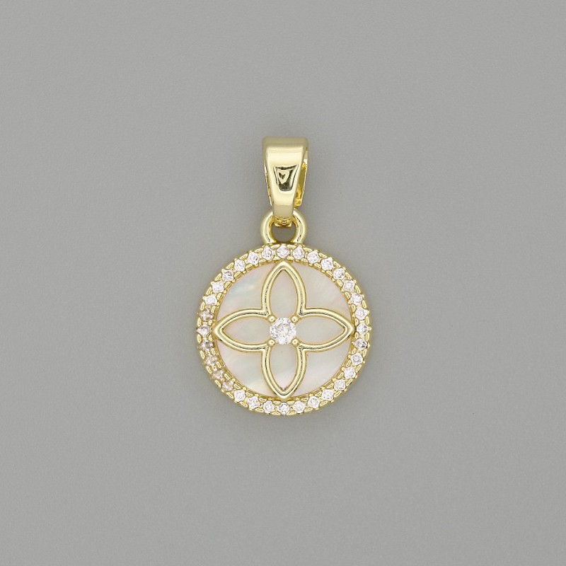 Mother-of-Pearl Shamrock Pendant in Gold-Tone Metal with Crystals 20x13mm