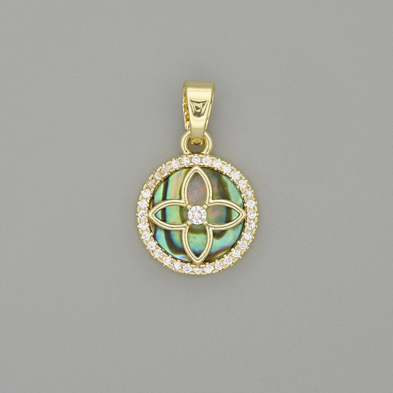 Chalcedony Clover Pendant in Gold-Colored Circle with Rhinestones 20x13mm+