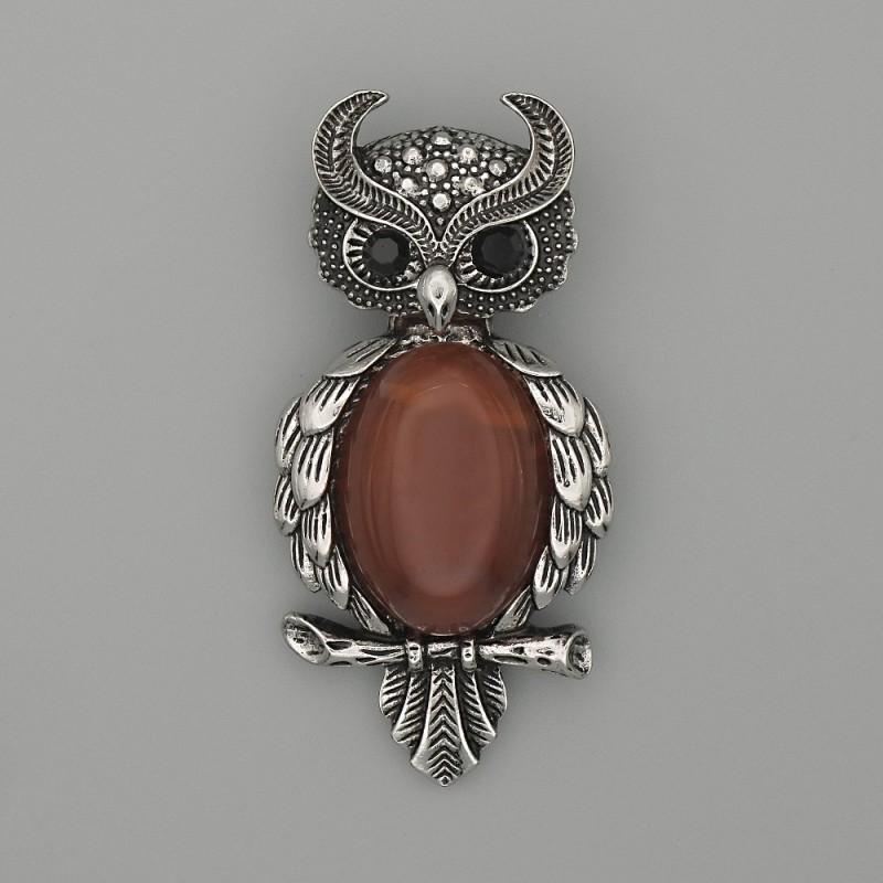Brooch Pendant Owl Carnelian 60x29mm± black crystals silver metal