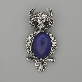 Brooch Pendant Owl Lapis Lazuli 60x29mm± black rhinestones silver metal