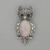 Brooch Pendant Owl Rose Quartz 60x29mm± Black Crystals Silver Metal