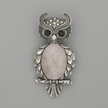 Brooch Pendant Owl Rose Quartz 60x29mm± Black Crystals Silver Metal