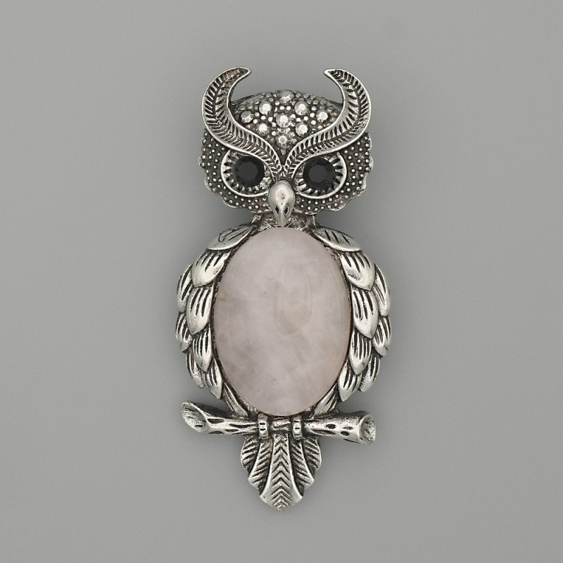 Brooch Pendant Owl Rose Quartz 60x29mm± Black Crystals Silver Metal