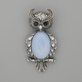 Brooch Pendant Owl Moonstone 60x29mm± black rhinestones silver metal