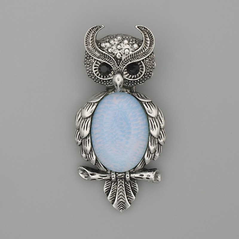 Brooch Pendant Owl Moonstone 60x29mm± black rhinestones silver metal