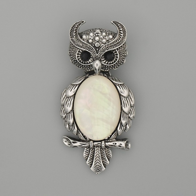 Brooch Pendant Owl with Mother-of-P Pearl 60x29mm±, black rhinestones, silver metal