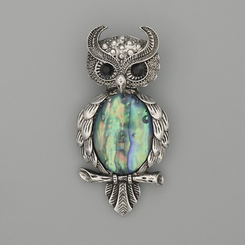 Brooch Pendant Owl Chalcedony 60x29mm± Black Rhinestones Silver Metal