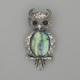 Brooch Pendant Owl Chalcedony 60x29mm± Black Rhinestones Silver Metal
