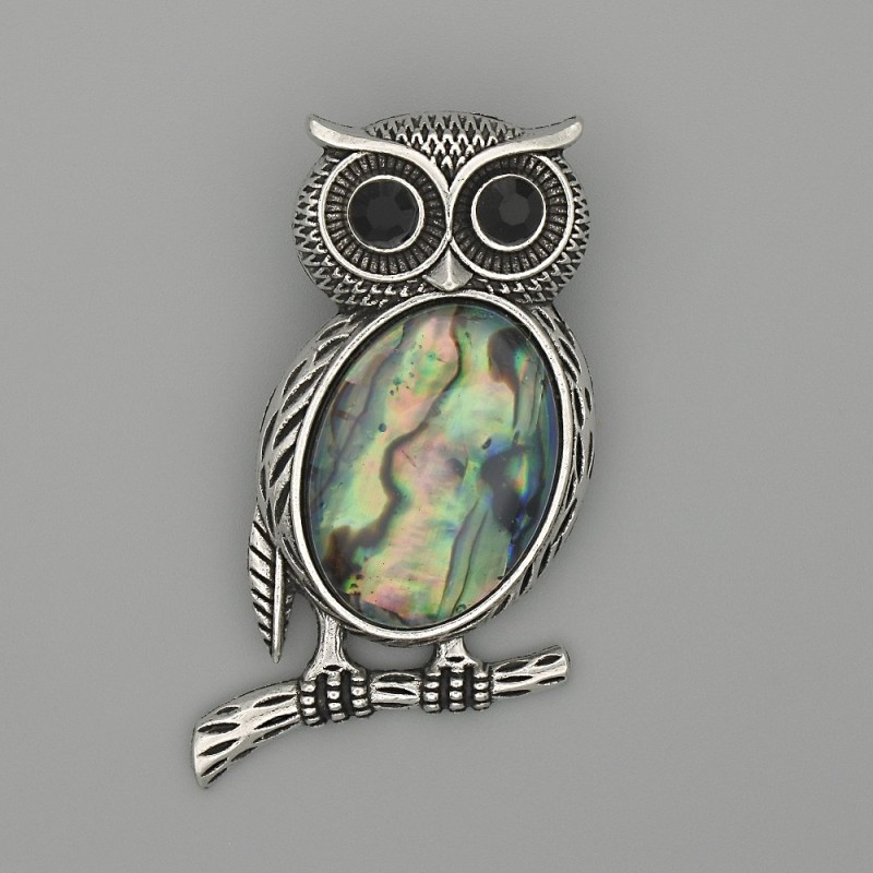 Brooch Pendant Owl Chalcedony 45x25mm+- black crystals silver metal