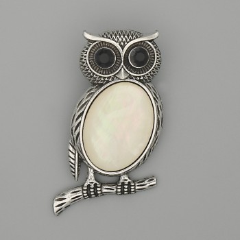 Brooch Pendant Owl with Mother-of-Pearl 45x25mm+- black rhinestones silver metal