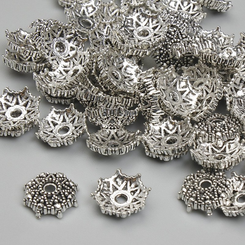 Cap bead cap findings, diameter 9.5 mm ± hole 2.5 mm ±, metal color silver tone, package 20 g ± (~60 pcs)