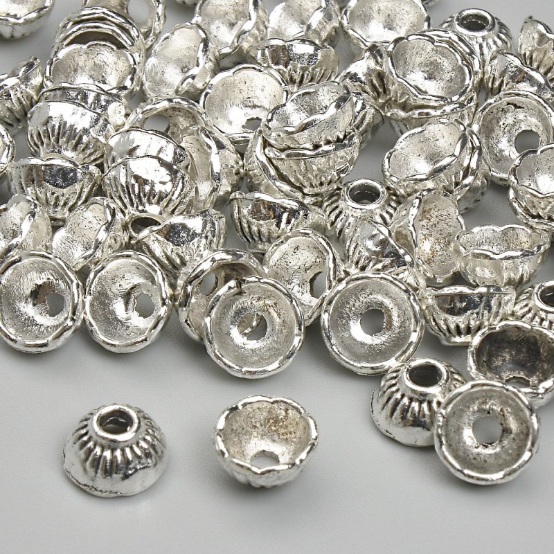 Cap for Bead Findings, cap diameter 4x7 mm ±, hole diameter 2.3 mm ±, silver metal color, pack of 20 g ± (~63 pcs)