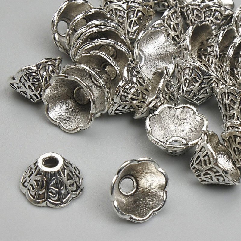 End cap, diameter 6x9 mm ±, hole diameter 2.2 mm ±, silver metal color, pack ~20 g (≈40 pcs)