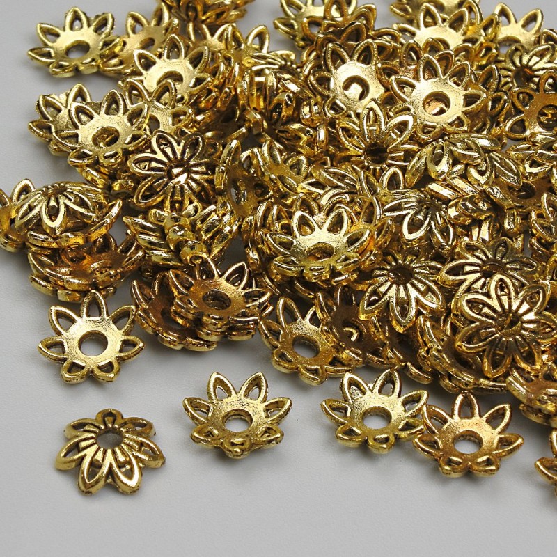 Ribbon end cap for beads, gold color, diameter 8 mm±, hole diameter ~1.9 mm±, packaging 20 g (~110 pcs)