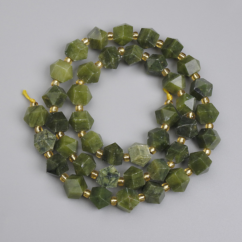 Jadeite Beads Multicorner 8x7-7, 5mm+-, 3mm+- seed beads, length 39cm+- on thread