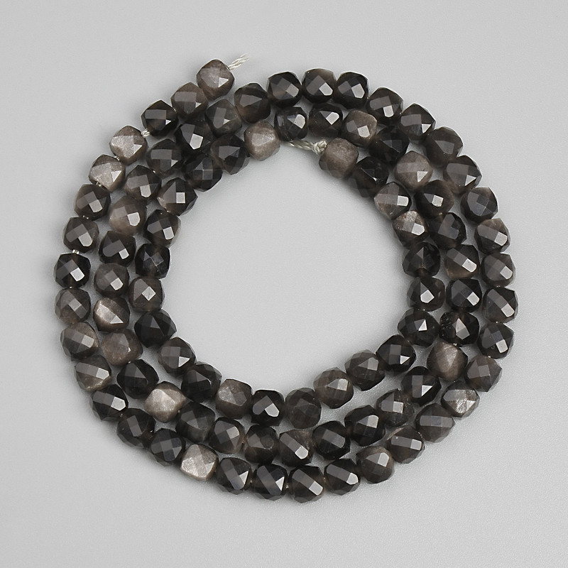 Beads, Silver Obsidian, faceted cube 4x4mm +-, length 39cm+- on thread