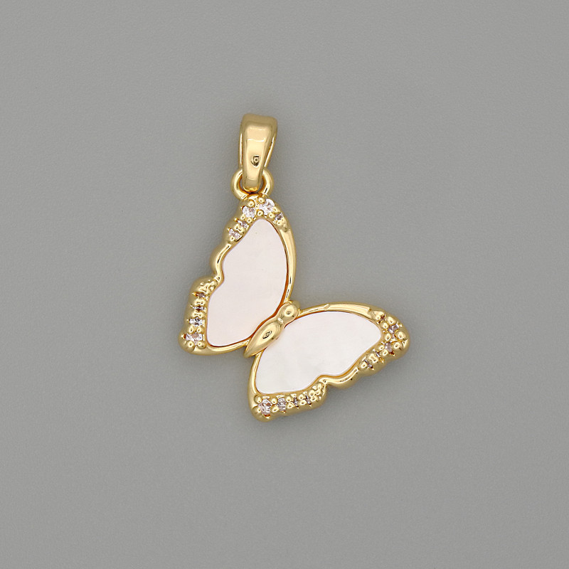 Pendant Charm Butterfly with Mother-of-Pearl and Rhinestones, Gold-Toned Metal, 23x17mm