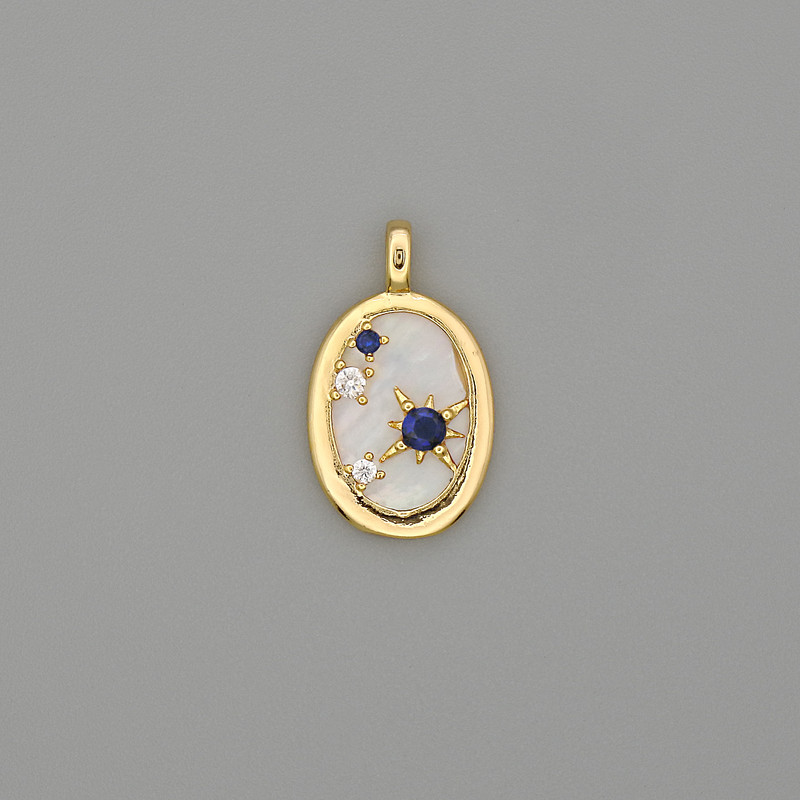 Pendant Charm Pearl Oyster Pearl with Gold-Tone Metal and Rhinestones, diameter 23x14mm+